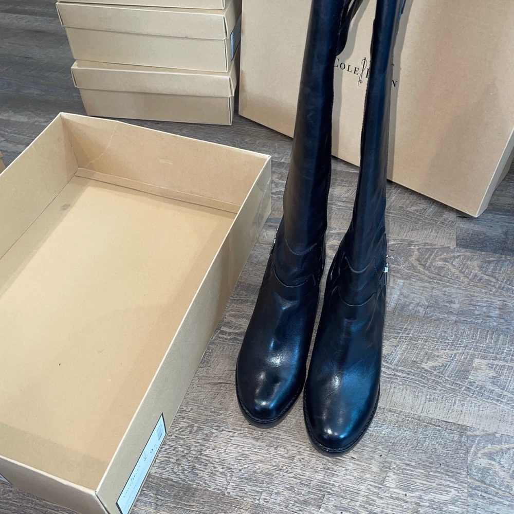 Cole Haan Black Leather and Suede Knee-High Wedge Boots - Picture 5 of 10